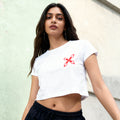 Women's Premium Cotton Graphic Crop Top - Minimalist Red Bloom in White - Zaira Street