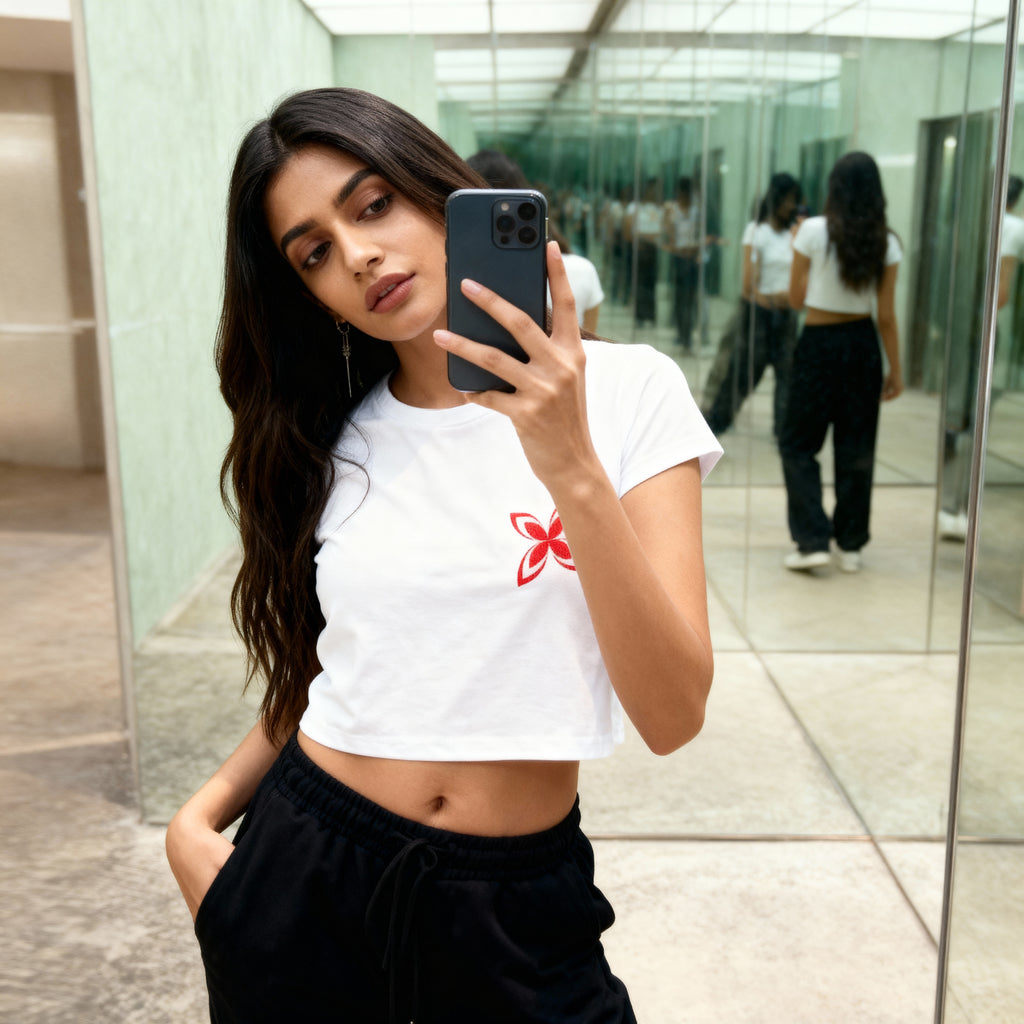 Women's Premium Cotton Graphic Crop Top - Minimalist Red Bloom in White - Zaira Street