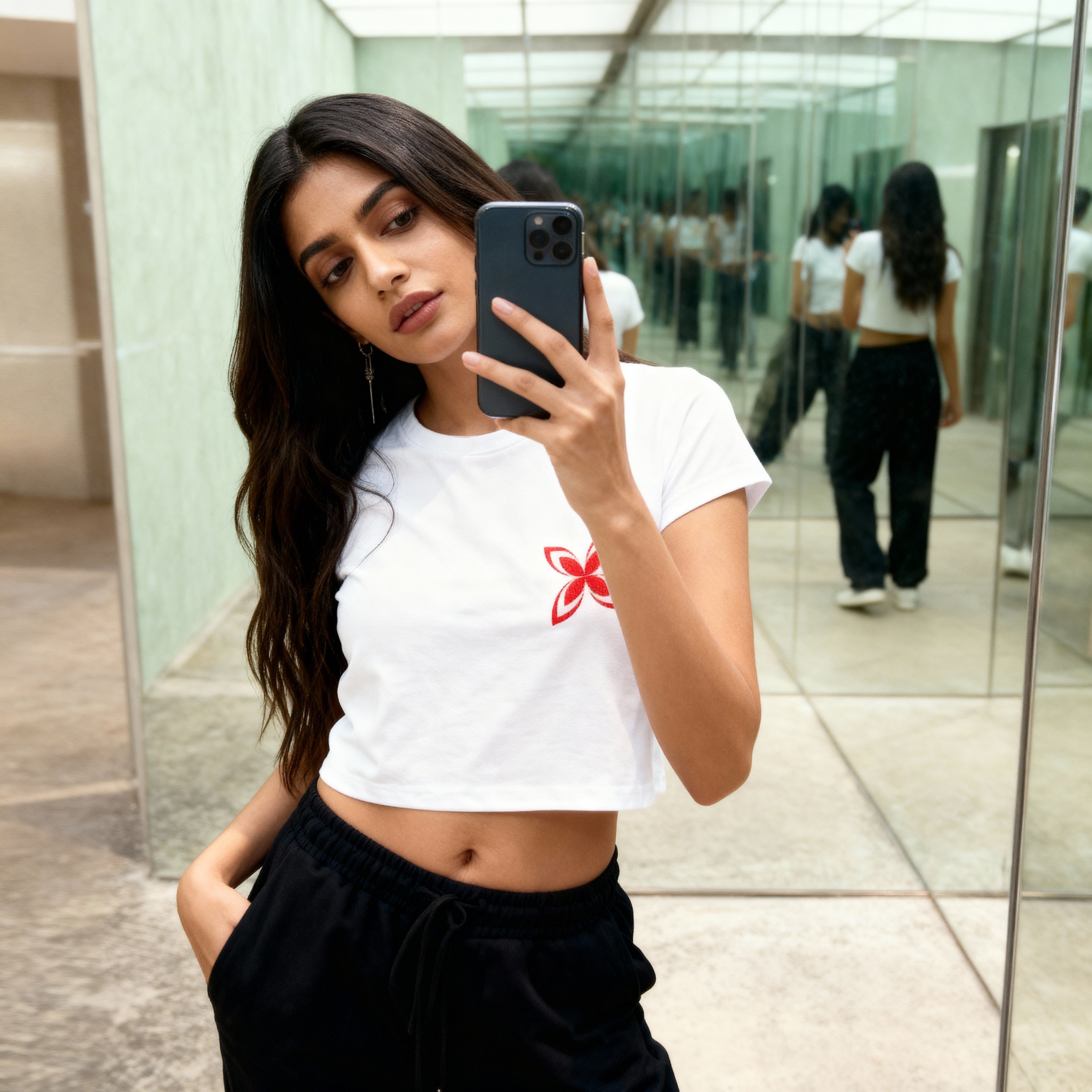 Women's Premium Cotton Graphic Crop Top - Minimalist Red Bloom in White - Zaira Street