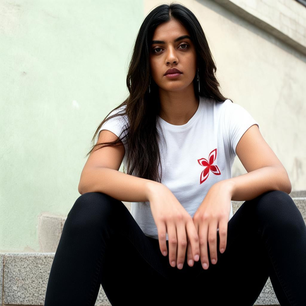 Women's Premium Cotton Graphic Crop Top - Minimalist Red Bloom in White - Zaira Street
